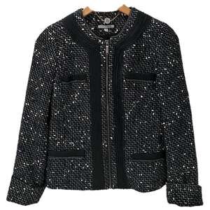 Anne Klein Blazer Jacket Womens 2 Black Metallic Wool Tweed Boucle Zip Up Lined